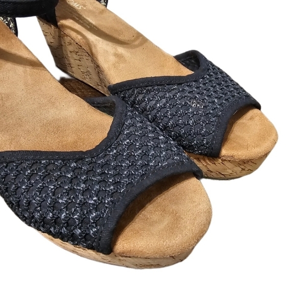 Toms Black Buckle Open Toe Cork Wedges - Picture 2 of 9